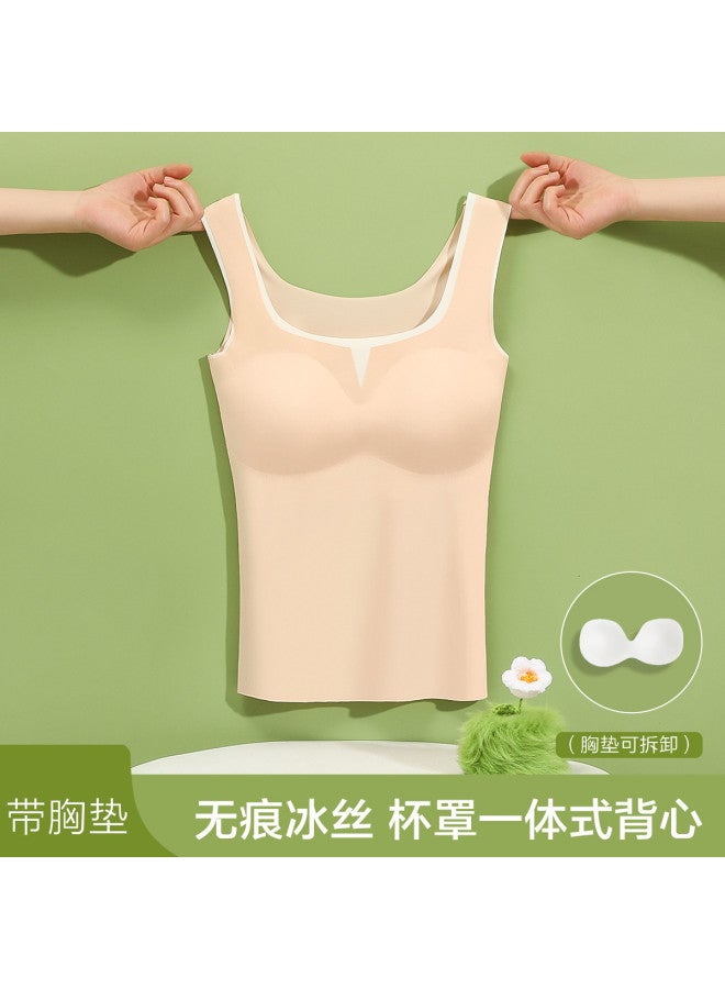 Red Bean Wire-Free Camisole With Built-In Bra, Contrast Color Icy Silk Tank Top For Summer Wear - Image 2