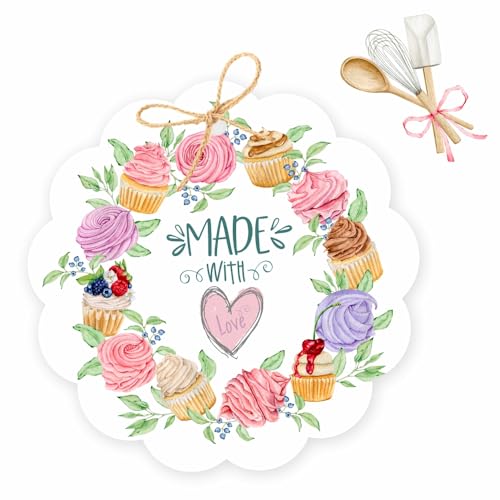 Chic a Choc Made with Love Tags in an Adorable Cupcake Wreath Design. Pack of 50 Gift Tags. with Jute String for attaching to Cupcake Box, Cake Box, Bakery Packaging. - Image 3