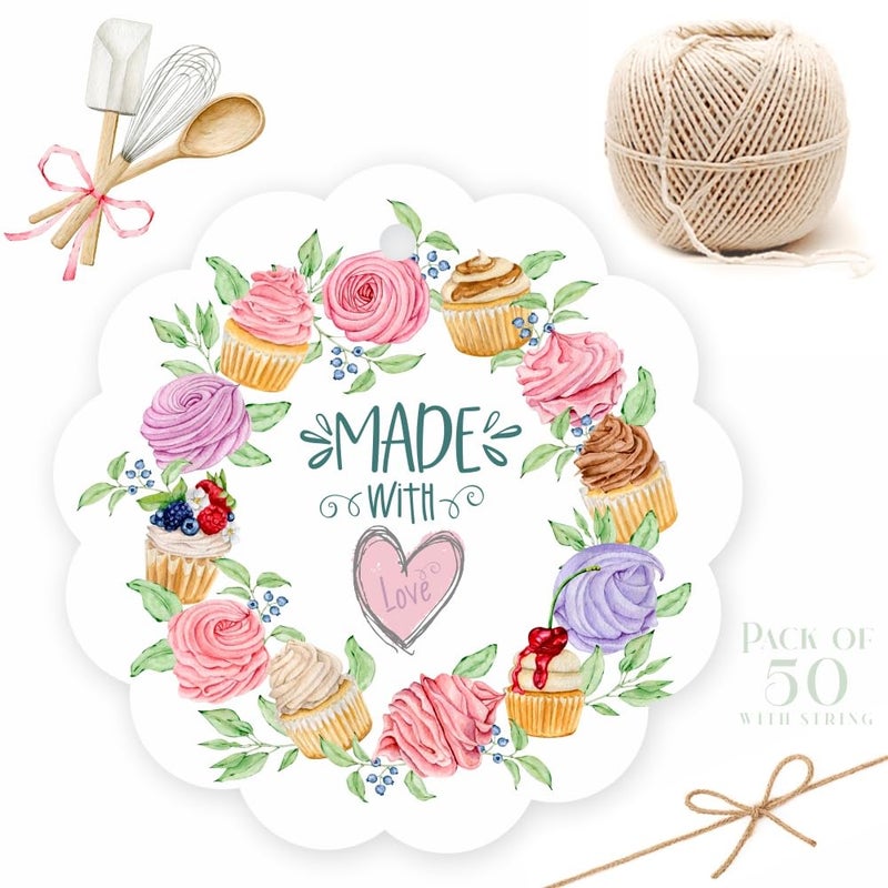 Chic a Choc Made with Love Tags in an Adorable Cupcake Wreath Design. Pack of 50 Gift Tags. with Jute String for attaching to Cupcake Box, Cake Box, Bakery Packaging. - Image 4