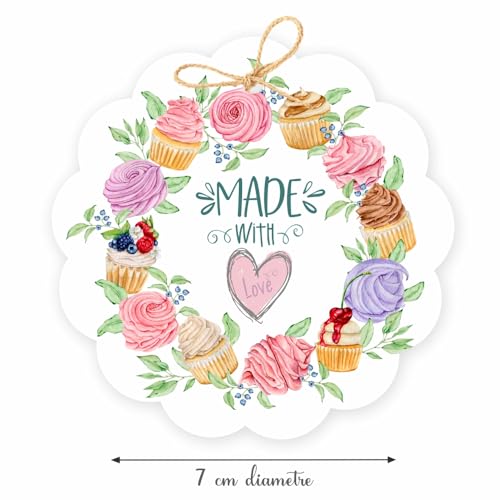 Chic a Choc Made with Love Tags in an Adorable Cupcake Wreath Design. Pack of 50 Gift Tags. with Jute String for attaching to Cupcake Box, Cake Box, Bakery Packaging. - Image 2