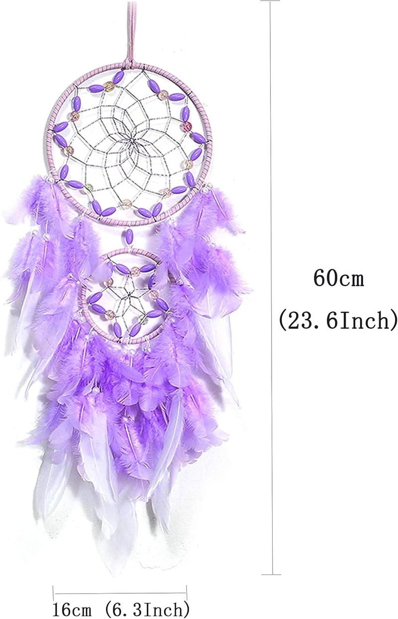 Purple Dream Catcher, Large Dreamcatcher, Handmade Feather Mobile Wall Decor Hanging for Girl Women Bedroom Dorm Room Decorations Home Ornament Birthday Festival Craft Gift (Dual Ring)