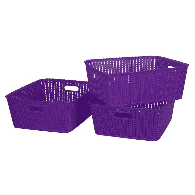 Cutting EDGE Plastic Multipurpose Sturdy Storage Baskets for Cosmetics Office Fruit Vegetable Bathroom Stationary Home Basket with Handle Purple Set of 3 Medium - Image 1