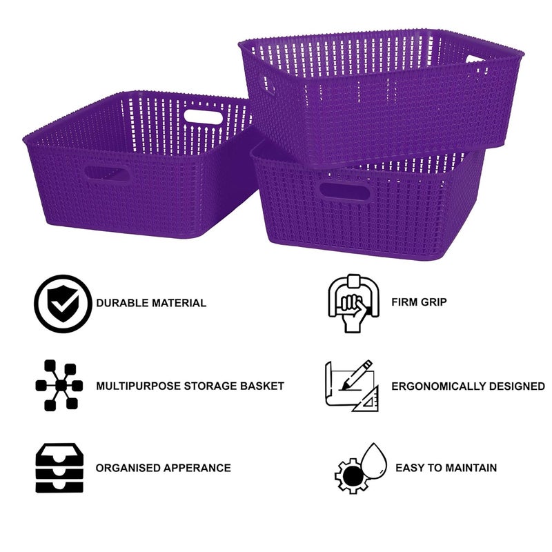 Cutting EDGE Plastic Multipurpose Sturdy Storage Baskets for Cosmetics Office Fruit Vegetable Bathroom Stationary Home Basket with Handle Purple Set of 3 Medium - Image 3