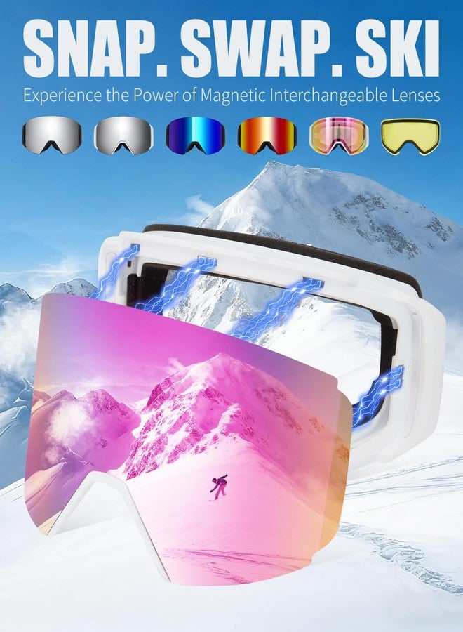 VCOROS Magnetic Ski Goggles with Quick-Change Lens, OTG Design, Anti-Fog snow goggles, UV400 Protection, Helmet Compatible Snowboard Goggles for Men & Women (White Frame REVO Pink) - Image 3