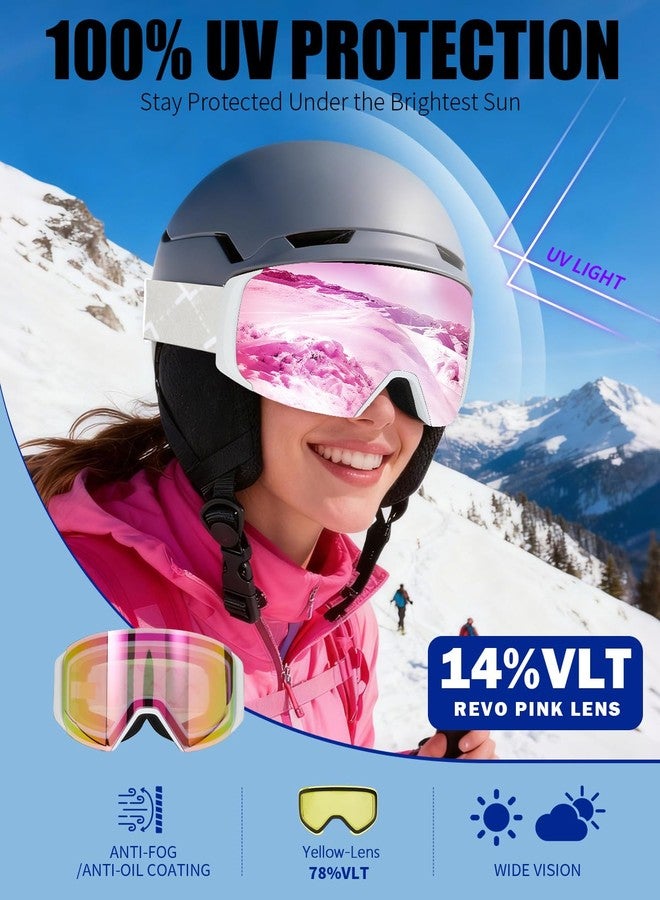 VCOROS Magnetic Ski Goggles with Quick-Change Lens, OTG Design, Anti-Fog snow goggles, UV400 Protection, Helmet Compatible Snowboard Goggles for Men & Women (White Frame REVO Pink) - Image 5