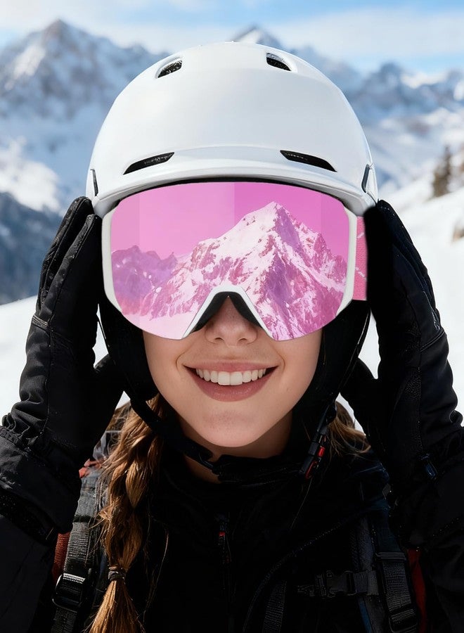 VCOROS Magnetic Ski Goggles with Quick-Change Lens, OTG Design, Anti-Fog snow goggles, UV400 Protection, Helmet Compatible Snowboard Goggles for Men & Women (White Frame REVO Pink) - Image 2