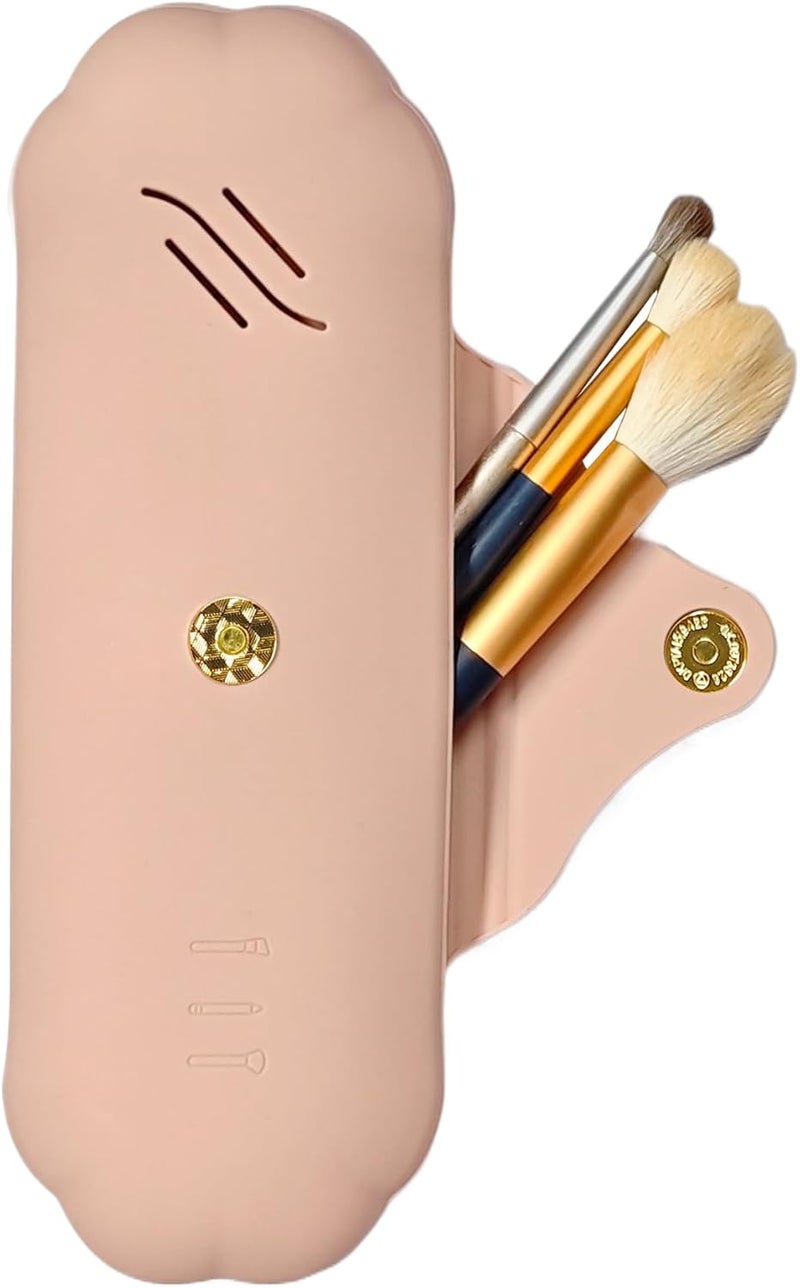 AWINNER Silicone Makeup Brush Holder Travel Cosmetic BagSoft Portable Cosmetic Face Brushes Holder with AntiFall Out Magnetic Closure Large Travel Makeup Brush Case khaki Modern