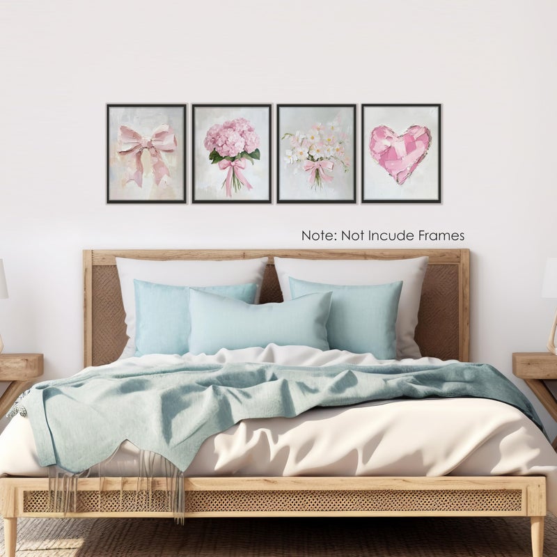 BESERH Abstract Pink Wall Decor, Girly Preppy Wall Art Prints, Pastel Coquette Bow Hydrangea Floral Heart Posters for Girls Bedroom Dorm Apartment, 8x10 Inches Set of 4 Unframed - Image 4