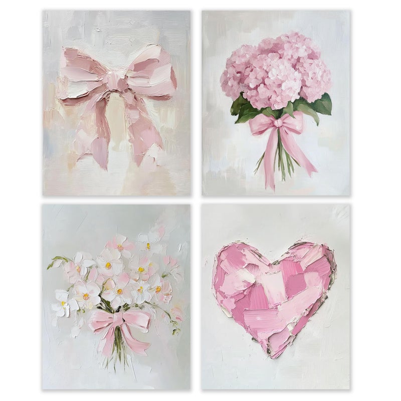 BESERH Abstract Pink Wall Decor, Girly Preppy Wall Art Prints, Pastel Coquette Bow Hydrangea Floral Heart Posters for Girls Bedroom Dorm Apartment, 8x10 Inches Set of 4 Unframed - Image 1