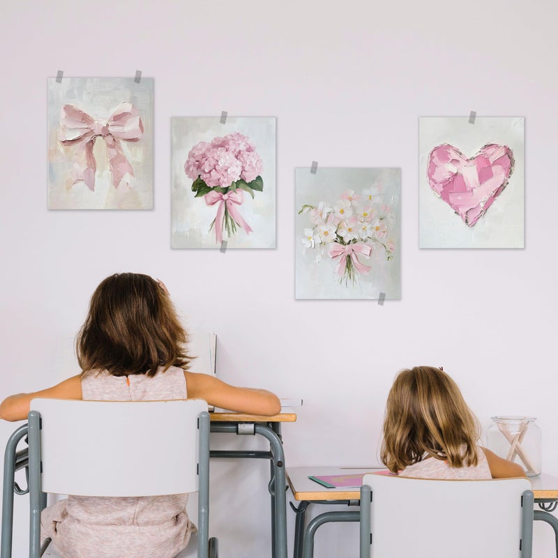 BESERH Abstract Pink Wall Decor, Girly Preppy Wall Art Prints, Pastel Coquette Bow Hydrangea Floral Heart Posters for Girls Bedroom Dorm Apartment, 8x10 Inches Set of 4 Unframed - Image 5