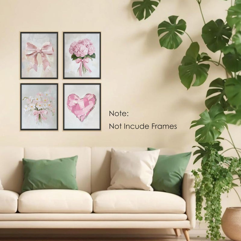 BESERH Abstract Pink Wall Decor, Girly Preppy Wall Art Prints, Pastel Coquette Bow Hydrangea Floral Heart Posters for Girls Bedroom Dorm Apartment, 8x10 Inches Set of 4 Unframed - Image 3
