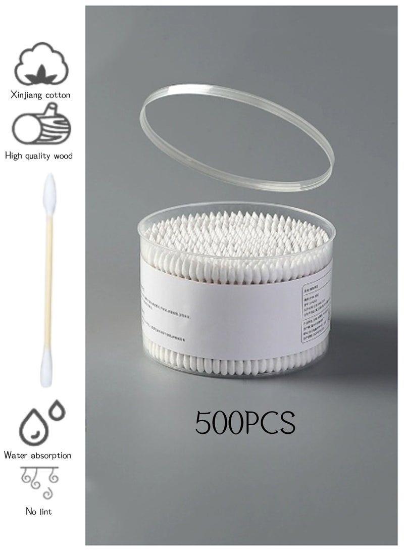 أعواد قطنية عضوية من الخيزران، ٥٠٠ قطعة، رأس مدبب/دائري، أعواد قطنية خشبية قابلة للتحلل الحيوي للأذن، خالية من البلاستيك، أعواد قطنية مزدوجة للأذن للتنظيف، المكياج - Image 1