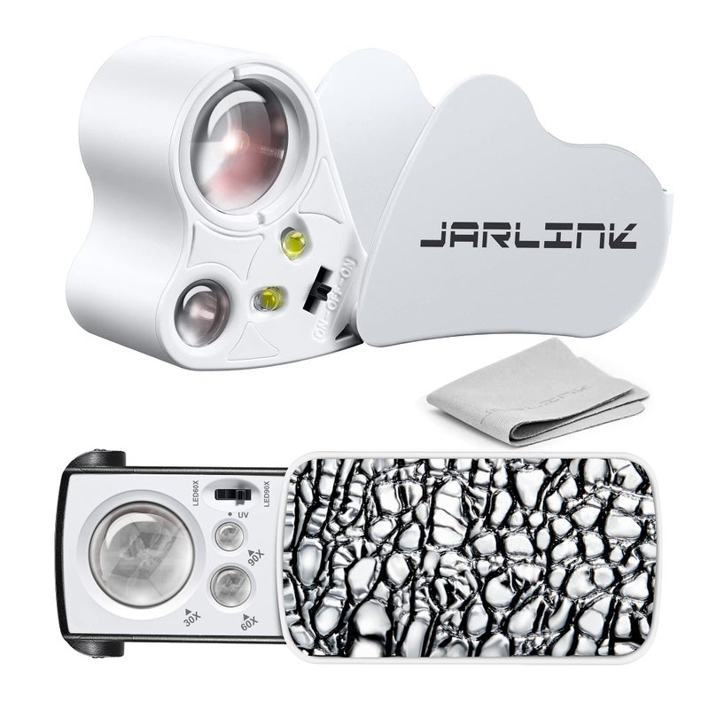 JARLINK 2 Pack Jewelers Loupe, 30X 60X 90X Illuminated Jewelers Eye Loupe Magnifier and Magnifying Glass Loop with UV Black Light and Bright LED Light for Gems, Jewelry, Diamond, Coins, Stamps (White) - Image 1