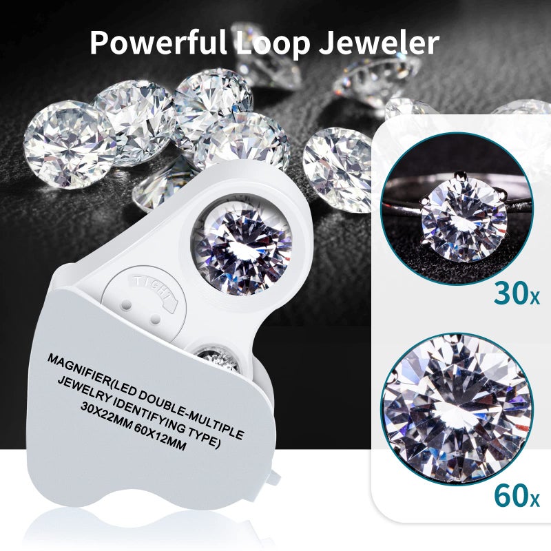 JARLINK 2 Pack Jewelers Loupe, 30X 60X 90X Illuminated Jewelers Eye Loupe Magnifier and Magnifying Glass Loop with UV Black Light and Bright LED Light for Gems, Jewelry, Diamond, Coins, Stamps (White) - Image 3