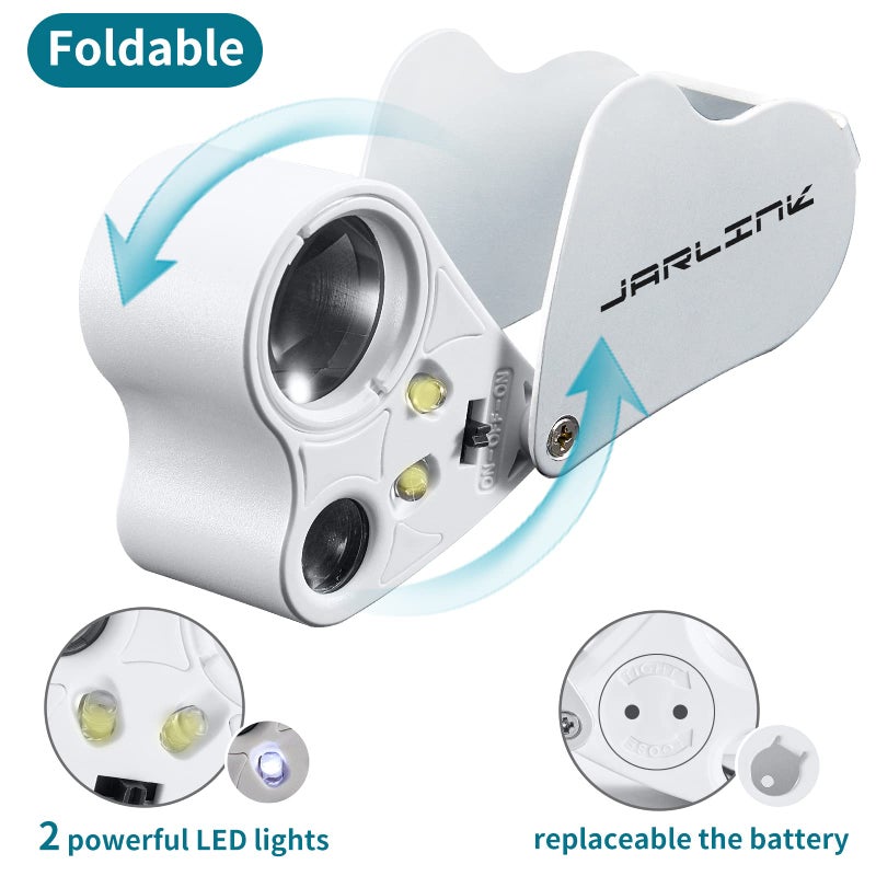 JARLINK 2 Pack Jewelers Loupe, 30X 60X 90X Illuminated Jewelers Eye Loupe Magnifier and Magnifying Glass Loop with UV Black Light and Bright LED Light for Gems, Jewelry, Diamond, Coins, Stamps (White) - Image 2