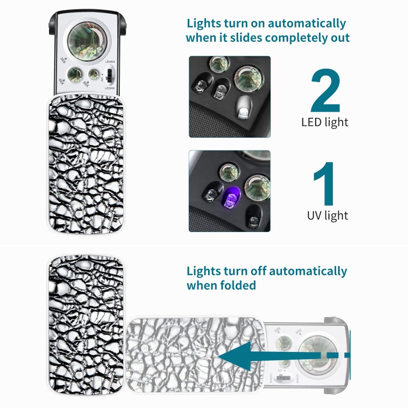 JARLINK 2 Pack Jewelers Loupe, 30X 60X 90X Illuminated Jewelers Eye Loupe Magnifier and Magnifying Glass Loop with UV Black Light and Bright LED Light for Gems, Jewelry, Diamond, Coins, Stamps (White) - Image 5