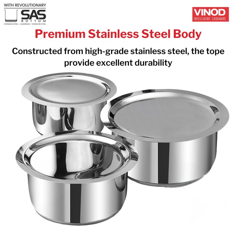 VINOD Vinod Stainless Steel 3 pc Tope Set with Capacity of 1 litres 14 litres 18 litres with Stainless Steel Lids Gas Stove and Induction Friendly Silver 24 Months Warranty  - Image 3