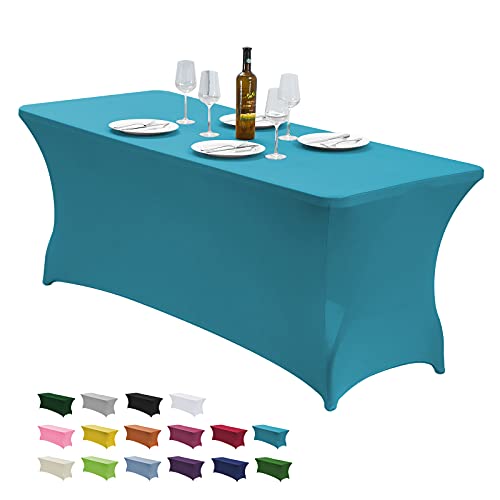 CWK غطاء طاولة سبانديكس قابل للتمدد بطول 6 أقدام لطاولات قابلة للطي مستطيلة مقاوم للتجاعيد ومرن لحماية الطاولة في الحفلات والمناسبات الزفاف باللون الأزرق الفاتح
