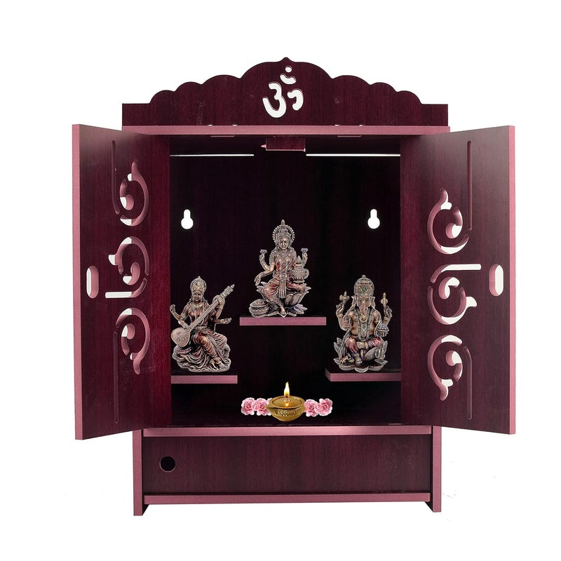 Crazyink Handmade Wooden Home Temple with Doors and Storage Box Maroon - Image 1