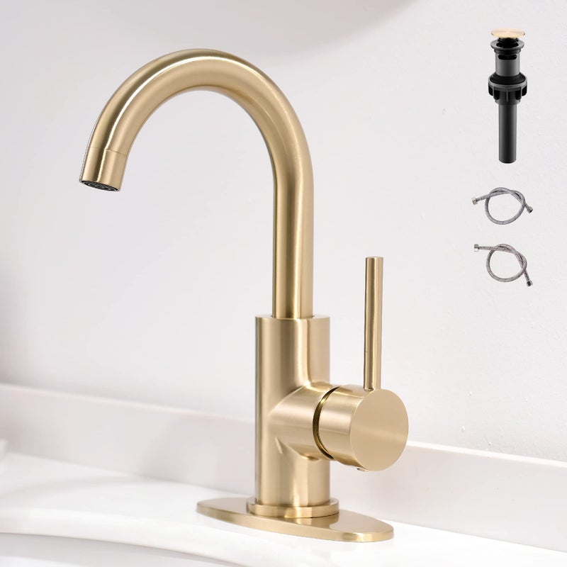 FROPO Gold Bathroom Faucets with Pop-Up Drain, Modern Single Hole Bathroom Sink Faucet with Deck Plate Single Handle Lavatory Faucets Brushed Gold Bar Vanity Faucet - Image 1