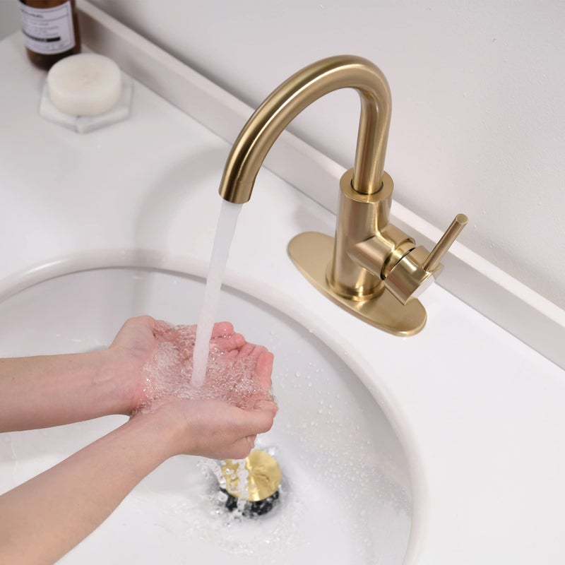 FROPO Gold Bathroom Faucets with Pop-Up Drain, Modern Single Hole Bathroom Sink Faucet with Deck Plate Single Handle Lavatory Faucets Brushed Gold Bar Vanity Faucet - Image 3
