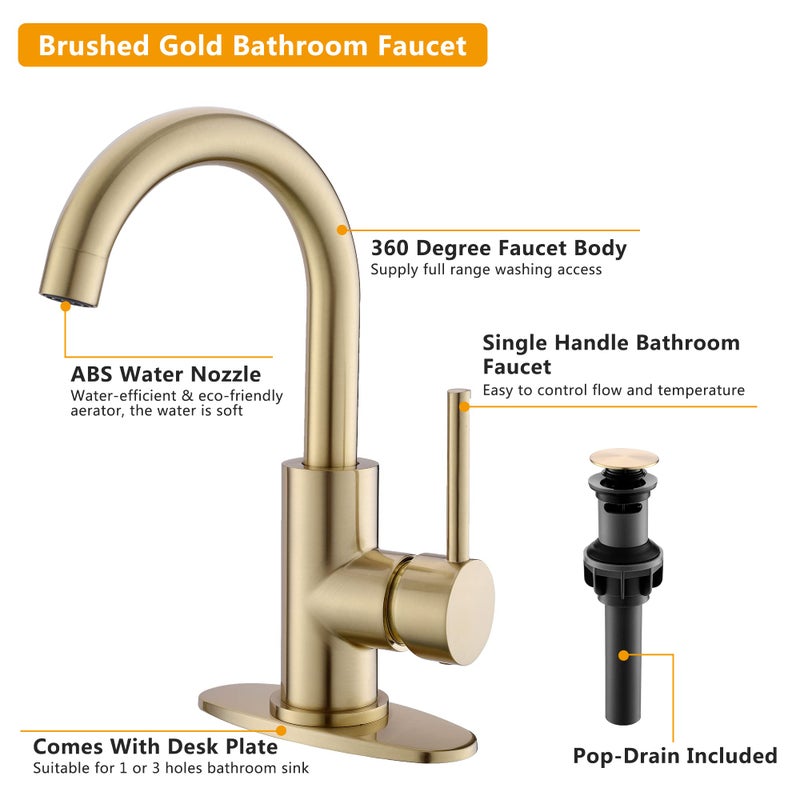 FROPO Gold Bathroom Faucets with Pop-Up Drain, Modern Single Hole Bathroom Sink Faucet with Deck Plate Single Handle Lavatory Faucets Brushed Gold Bar Vanity Faucet - Image 5