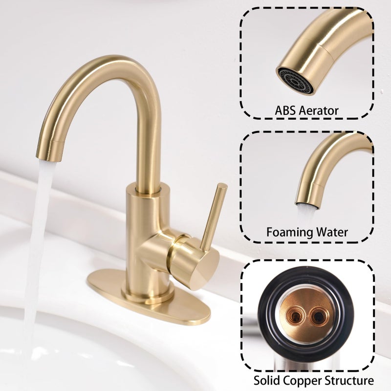 FROPO Gold Bathroom Faucets with Pop-Up Drain, Modern Single Hole Bathroom Sink Faucet with Deck Plate Single Handle Lavatory Faucets Brushed Gold Bar Vanity Faucet - Image 2