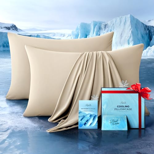 Rifens Ultra-Chill Cooling Pillowcase Set of 2 for Hot Sleepers, Softer Than Silk Pillow Cases for Protecting Hair & Skin, Breathable Bed Pillow Covers w/Zipper, Gifts for Women Men(Beige, King) - Image 1
