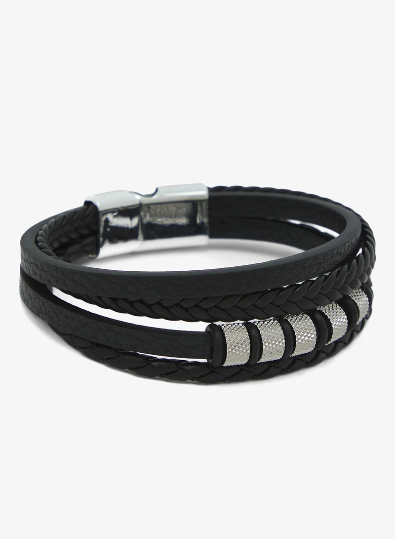 Seventy Five Double Row Braided Leather Bracelet With Stainless Steel Celtic Knot And Cross Ornaments