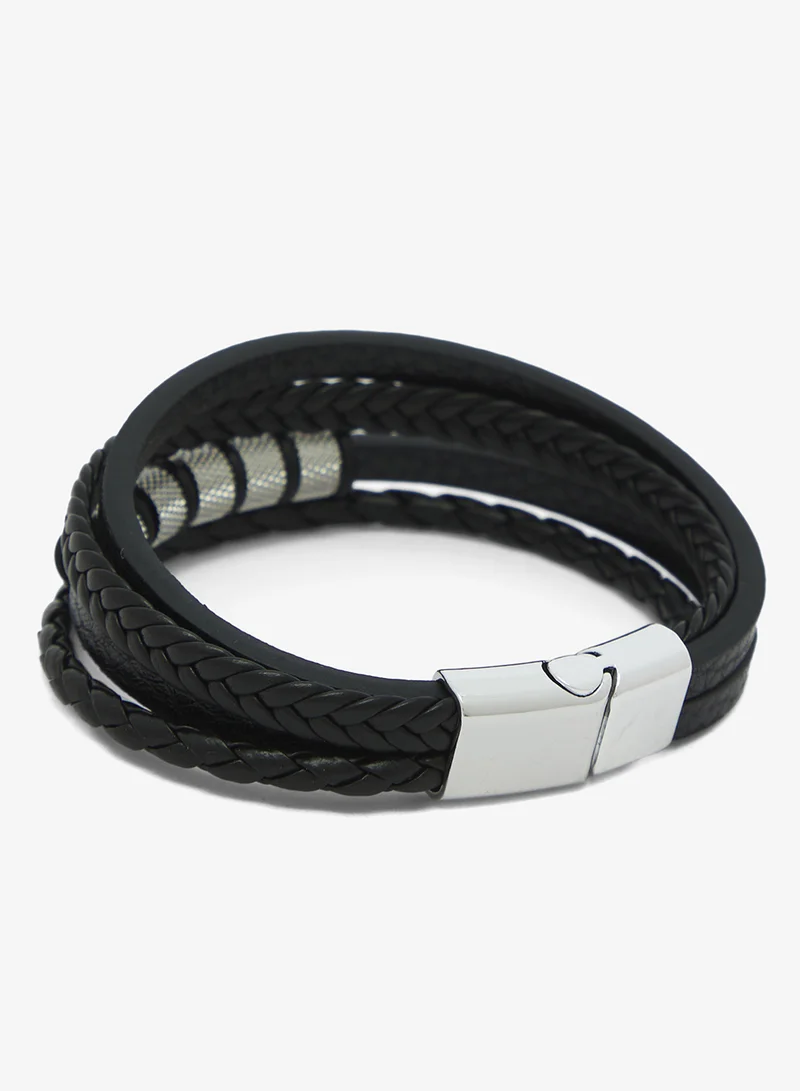 Seventy Five Double Row Braided Leather Bracelet With Stainless Steel Celtic Knot And Cross Ornaments