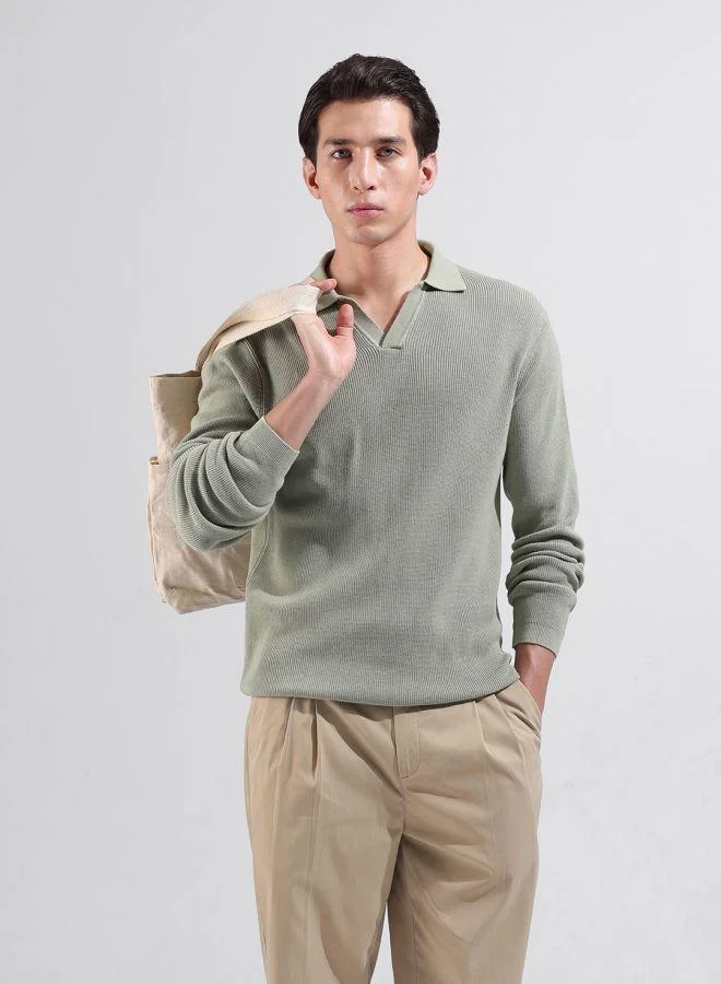Men Slim Fit Textured Polo Neck Full Sleeves T-Shirt