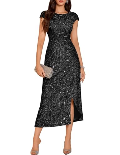 DRESSTELLS Formal Cocktail Dresses for Women Wedding Guest, Sequin Evening Gala Gowns Fit Flare Sparkly Mother Bride Party Petite Dress Glitter Black XS - Image 1