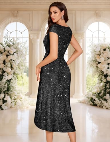 DRESSTELLS Formal Cocktail Dresses for Women Wedding Guest, Sequin Evening Gala Gowns Fit Flare Sparkly Mother Bride Party Petite Dress Glitter Black XS - Image 4