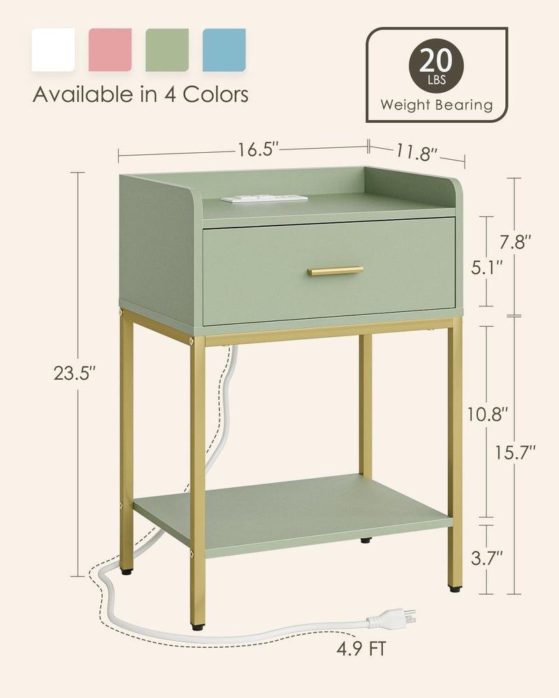 Masupu Nightstand with Charging Station,3-Tier Modern Bedside Night Stand with Storage Drawer and Shelf,Small End Side Table for Bedroom,Living Room,Gold and Green - Image 2