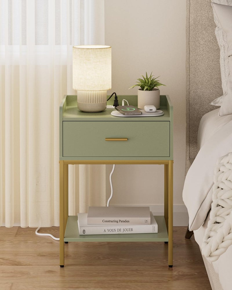 Masupu Nightstand with Charging Station,3-Tier Modern Bedside Night Stand with Storage Drawer and Shelf,Small End Side Table for Bedroom,Living Room,Gold and Green - Image 3