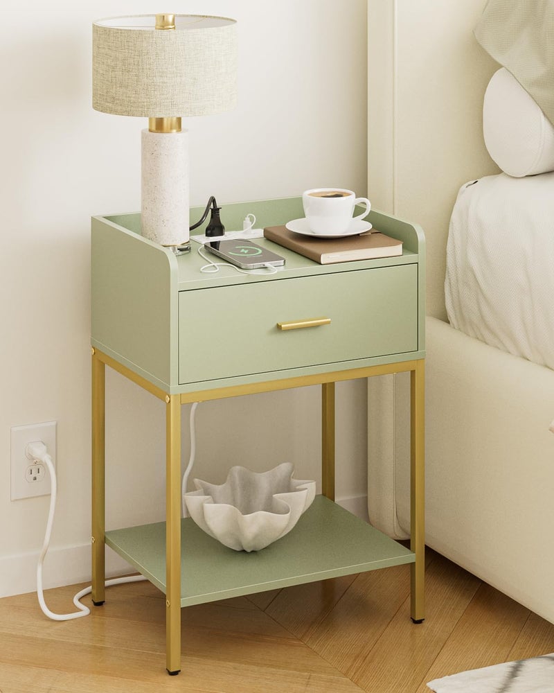Masupu Nightstand with Charging Station,3-Tier Modern Bedside Night Stand with Storage Drawer and Shelf,Small End Side Table for Bedroom,Living Room,Gold and Green - Image 1