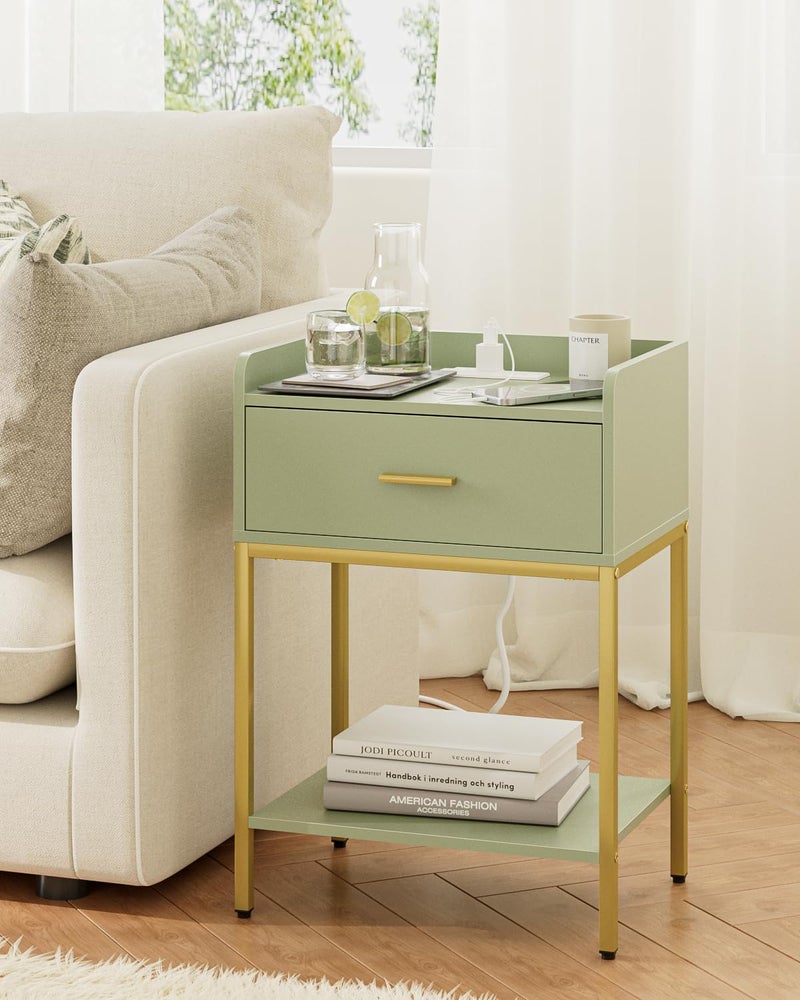 Masupu Nightstand with Charging Station,3-Tier Modern Bedside Night Stand with Storage Drawer and Shelf,Small End Side Table for Bedroom,Living Room,Gold and Green - Image 4