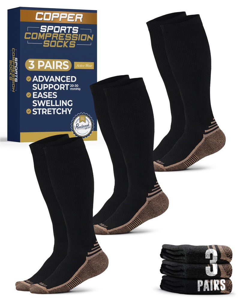Pembrook 3 Pairs Copper Compression Socks Men 20-30 mmHg, Black Compression Socks, Support for Running Athletic Cycling Hiking, Good for Edema and Varicose Veins/Blk/3 - Image 1