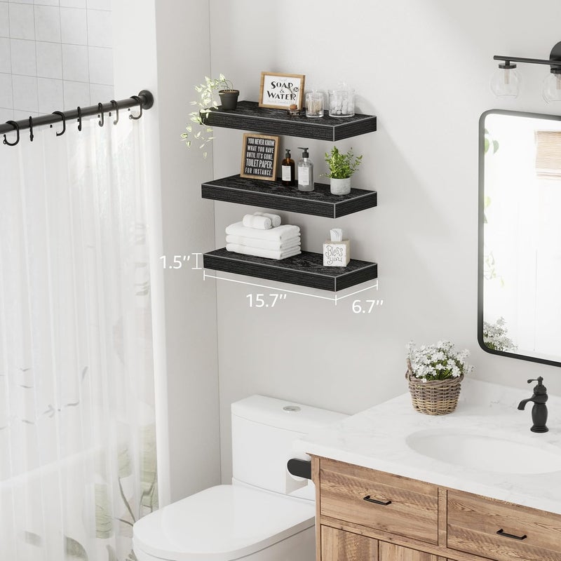 QEEIG Floating Shelves for Wall Bathroom Shelf Bedroom Kitchen Living Room Hanging Book Shelves Small Farmhouse Decor 16 inch Set of 3, Black (015-B3) - Image 3