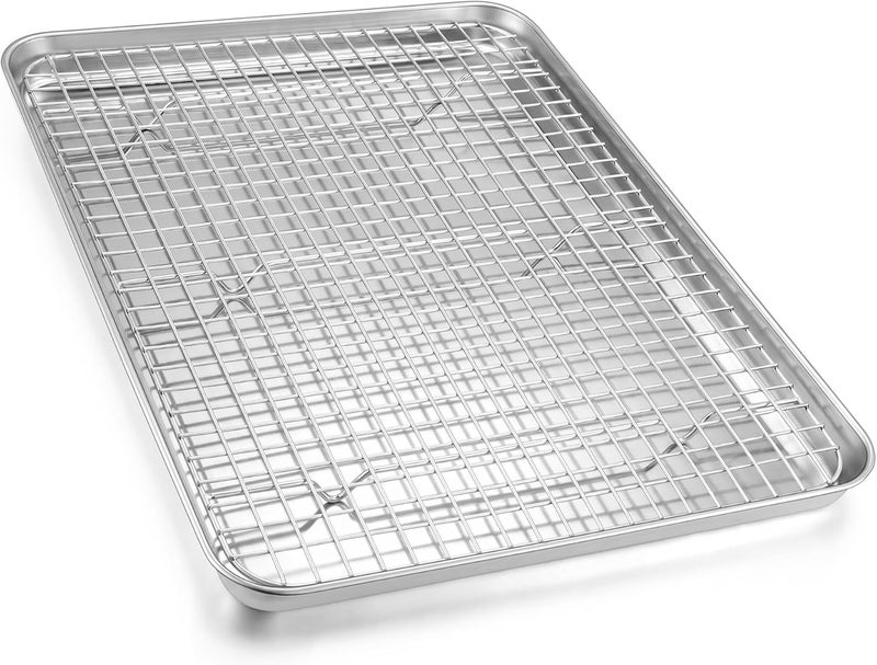 Homikit Half Baking Sheet with Wire Rack (1 Pan+1 Rack), 18" x 13" Stainless Steel Cookie Sheet Pan with Grid Cooling Rack Set for Baking, Large Bacon Tray for Oven Cooking Roasting, Dishwasher Safe - Image 1