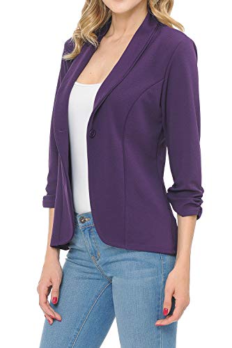 MINEFREE Women's 3/4 Ruched Sleeve Lightweight Work Office Blazer Jacket Eggplant 2XL - Image 3