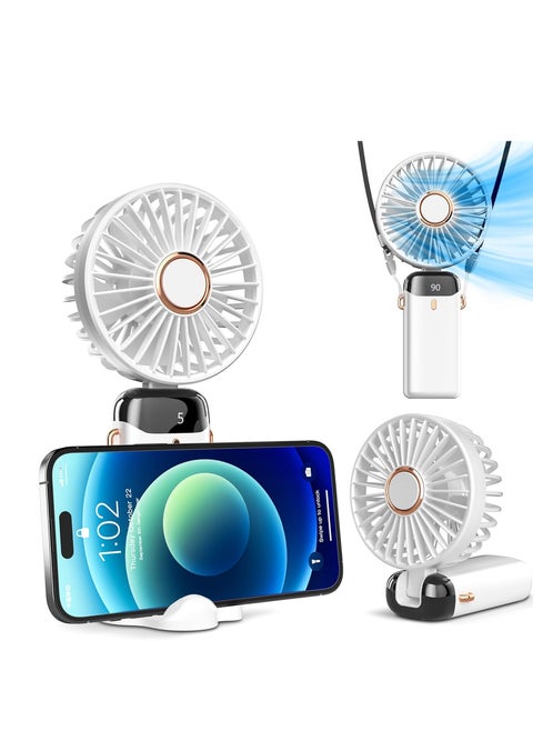 Rechargeable Portable Handheld Fan with 5 Speeds and LED Display, Durable for Office, Bedroom, Outdoor Activities and Travel (White)