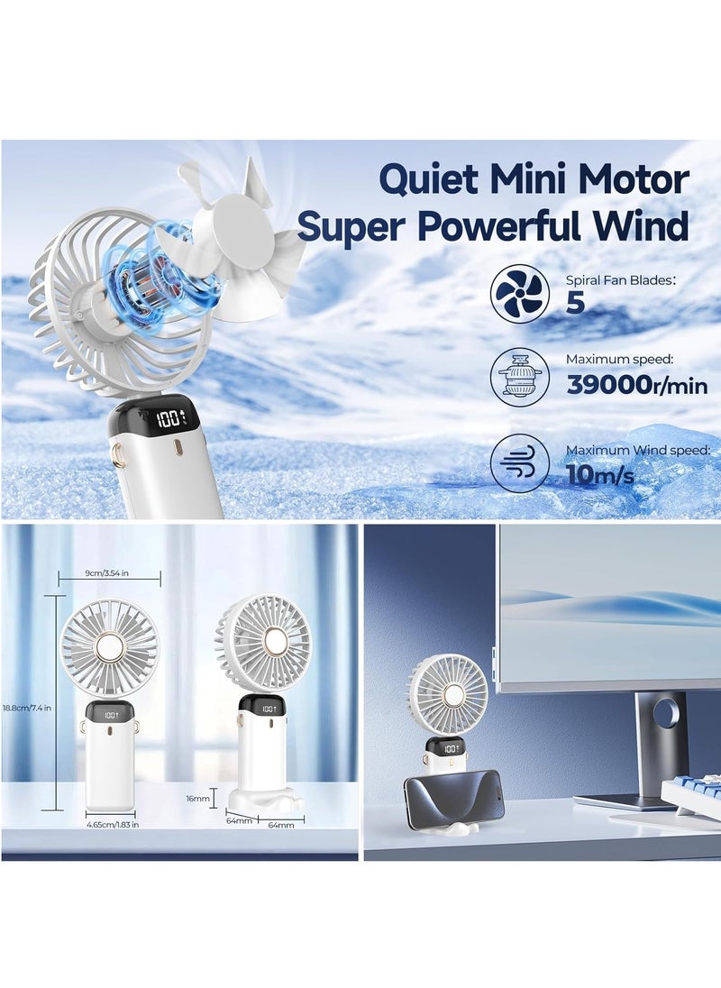 Rechargeable Portable Handheld Fan with 5 Speeds and LED Display, Durable for Office, Bedroom, Outdoor Activities and Travel (White)