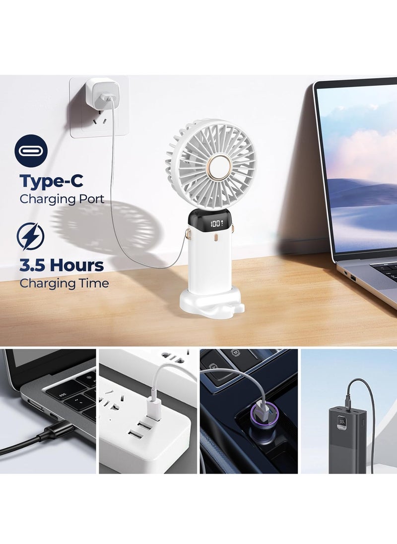 Rechargeable Portable Handheld Fan with 5 Speeds and LED Display, Durable for Office, Bedroom, Outdoor Activities and Travel (White)