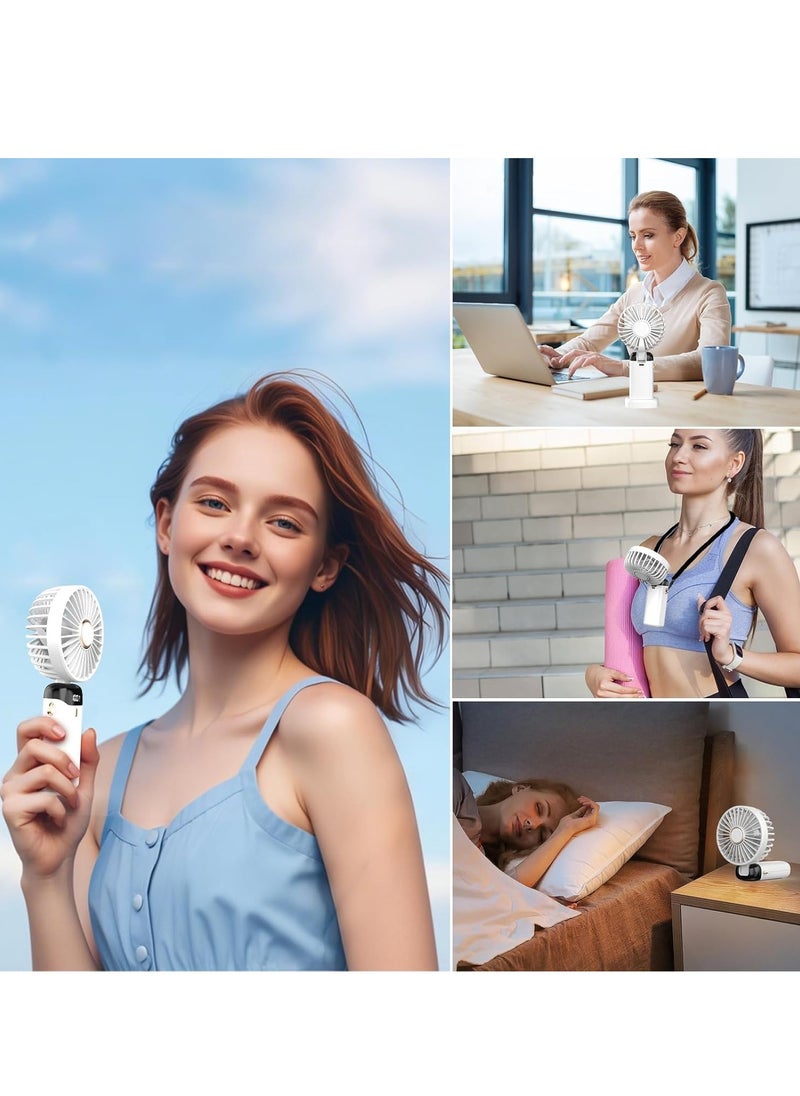 Rechargeable Portable Handheld Fan with 5 Speeds and LED Display, Durable for Office, Bedroom, Outdoor Activities and Travel (White)