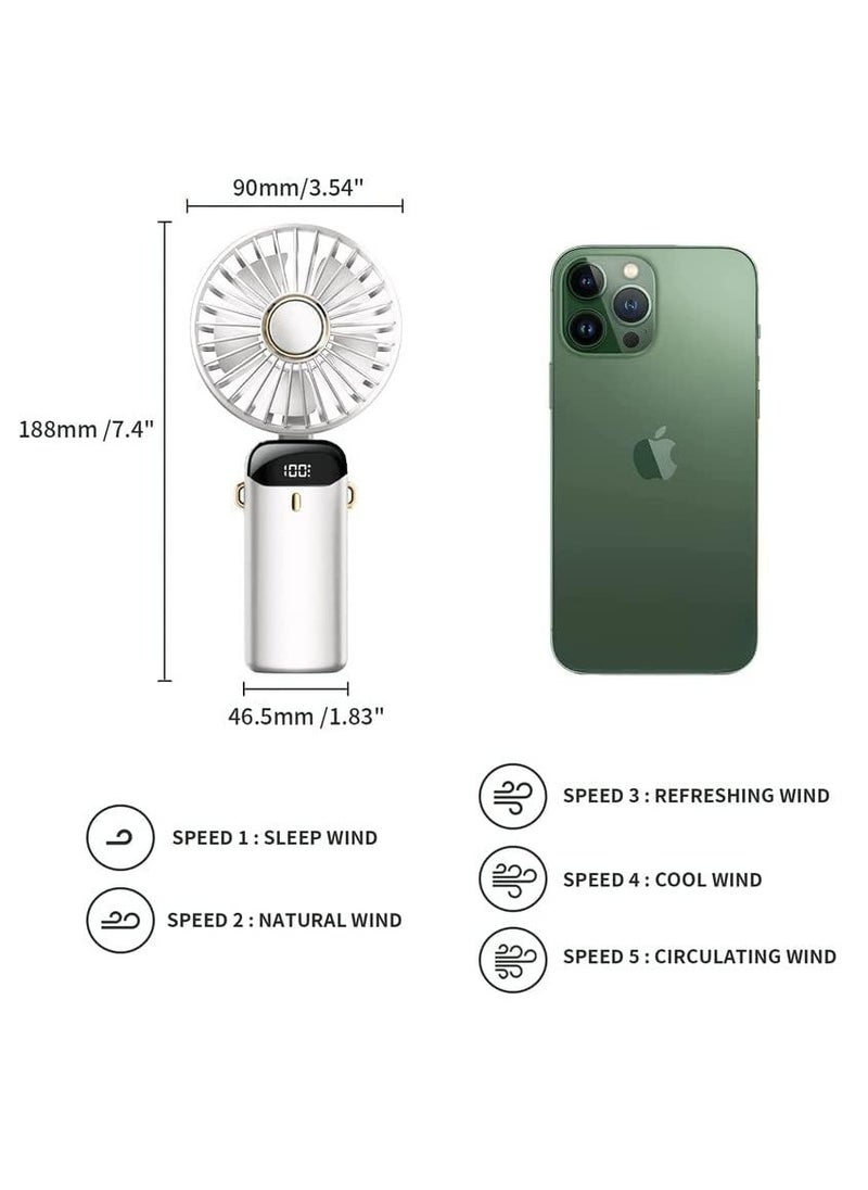 Rechargeable Portable Handheld Fan with 5 Speeds and LED Display, Durable for Office, Bedroom, Outdoor Activities and Travel (White)