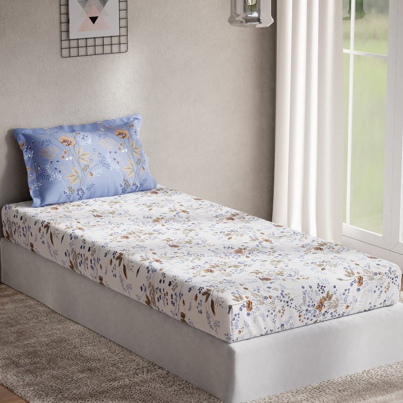 DDECOR Live beautiful DDECOR Pack of 1 Bouquet Floral Cotton Single Bedsheet with 1 Pillow Cover Blue  - Image 2