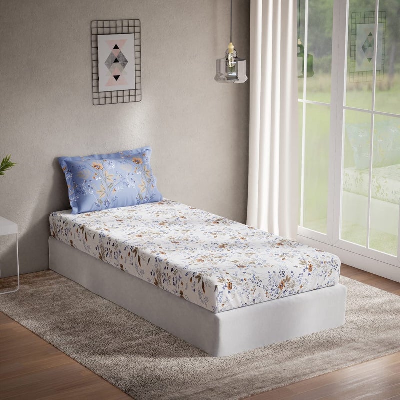 DDECOR Live beautiful DDECOR Pack of 1 Bouquet Floral Cotton Single Bedsheet with 1 Pillow Cover Blue  - Image 1