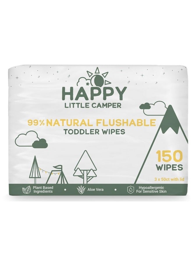 Happy Little Camper Natural Flushable Wipes - Hypoallergenic Wet Wipes with Aloe Vera, Chamomile and Pomegranate Extract - Unscented Baby Wipes Safe for Sensitive Skin - 150 Count (3 Packs of 50)  - Image 1