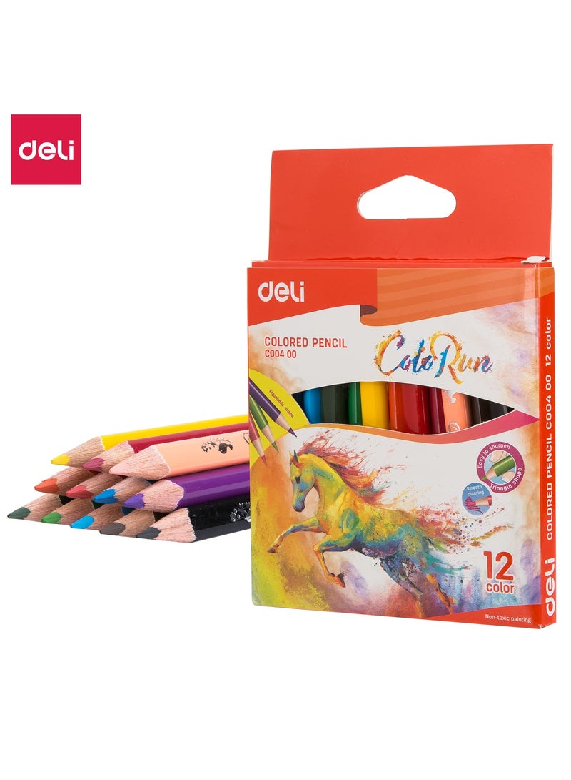 Deli أقلام تلوين مثلثة الشكل من دلي EC00400 COLORUN، خشب الباسود، مسبقة الشحذ، 12 لون، حجم صغير، سهلة الشحذ - Image 1
